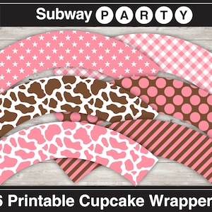 Puede incluir: Un conjunto de seis envoltorios imprimibles para cupcakes con varios patrones, incluyendo estrellas, cuadros, lunares, estampado de vaca y rayas. La paleta de colores incluye rosa, marr&oacute;n y blanco. Se muestra el texto "Subway PARTY" y "6 Printable Cupcake Wrappers".