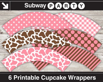 Printable Cowgirl Party Cupcake Wrappers DIY. Pink Brown Cow Print, Gingham, Polka Dots, Stars & Stripes 8.5x11 Jpg. INSTANT DOWNLOAD