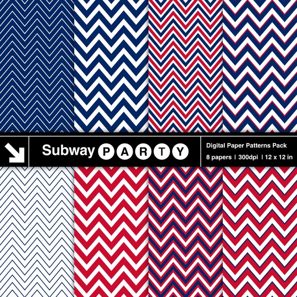 Red White Blue Patriotic 4th of July Nautical Chevron Digital Papers Pack. Scrapbook / Invites / Card DIY 12"x12" jpg. INSTANT DOWNLOAD