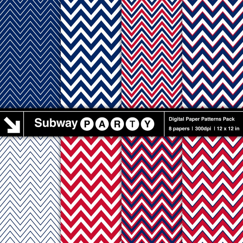 Red White Blue Patriotic 4th of July Nautical Chevron Digital Papers Pack. Scrapbook / Invites / Card DIY 12x12 jpg. INSTANT DOWNLOAD image 1