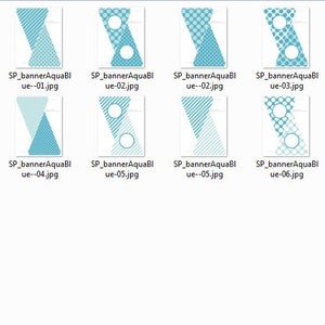 May include: A set of seven digital banner designs featuring various geometric patterns in shades of blue and white. The patterns include stripes, polka dots, and a combination of both.