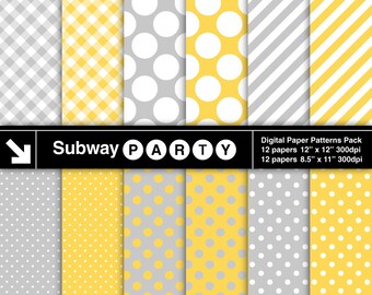 Pastel Gray and Yellow Digital Papers Pack in Polka Dots Stripes Gingham. Scrapbook / Party Printable / CANVA Background 8.5x11 & 12x12 JPG