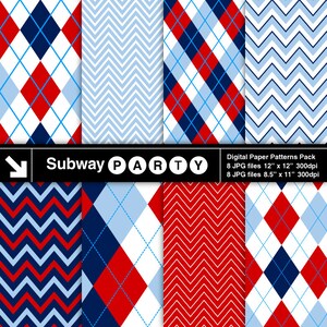 Red, White, Blue and Navy Argyle and Chevron Digital Papers. Party Papers / Scrapbook / Invites DIY 8.5x11 & 12x12 jpg. INSTANT DOWNLOAD. image 1