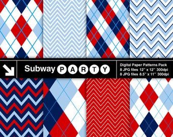 Red, White, Blue and Navy Argyle and Chevron Digital Papers. Party Papers / Scrapbook / Invites DIY 8.5x11 & 12x12 jpg. INSTANT DOWNLOAD.