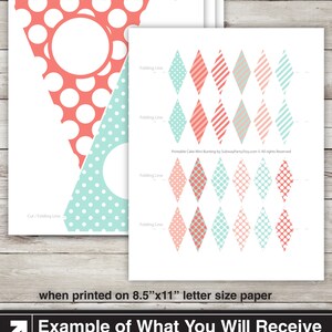 May include: Printable cake bunting template with 13 files, each measuring 8.5 inches by 11 inches. The bunting features a pink and mint green color scheme with polka dot and striped patterns. The text "Printable Cake Mini Bunting by SubwayParty Etsy.com &copy; All rights Reserved" is included on the template.