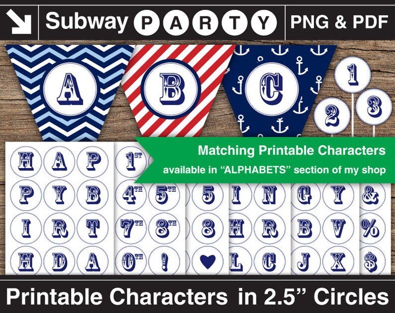 May include: Printable 2.5 inch circle stickers with nautical themed alphabet letters, numbers, and symbols in blue and white. The letters are in a vintage style font. The stickers are available in a matching alphabet set.