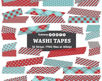 Two-tone Aqua Blue and Red Digital Washi Tape Strips, Clipart, Photo Frame Borders, Scrapbook Embellishment, 36 PNGs. INSTANT DOWNLOAD