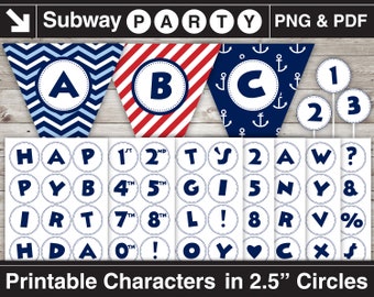 Printable Cartoon Style Navy Letters & Numbers in 2.5" Circles. Alphabet Characters for Party Banner or Clipart. Png, Pdf CANVA Elements