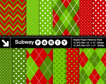 Christmas Chevron, Polka Dots and Argyle Digital Papers Pack in Red & Green. Scrapbook / Xmas Card DIY 8.5x11 / 12x12 jpg INSTANT DOWNLOAD.