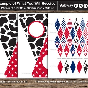 May include: Printable party banner with 13 pages featuring a cow print, red stars, red and blue diamonds, and gingham patterns. The banner is designed for a Subway Party and includes cut and fold lines for assembly.