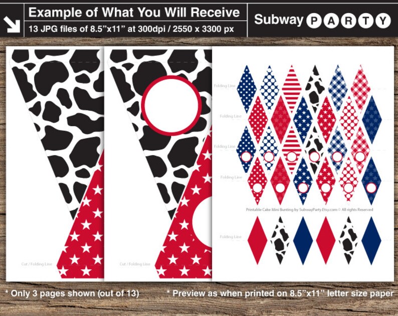 May include: Printable party banner with 13 pages featuring a cow print, red stars, red and blue diamonds, and gingham patterns. The banner is designed for a Subway Party and includes cut and fold lines for assembly.