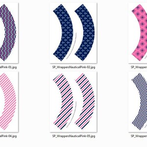 Nautical Printable Cupcake Wrappers. Navy Blue, Pink, White Chevron ...