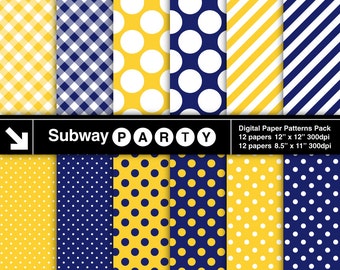 Navy Blue and Yellow Digital Papers Pack in Polka Dot Stripes and Gingham Scrapbook / Party Printable / CANVA Background 8.5x11 & 12x12 JPG