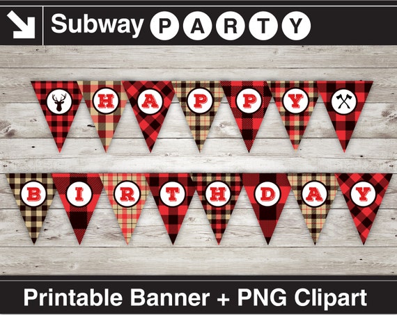 Lumberjack HAPPY BIRTHDAY Printable Banner & PNG Clipart Files. Rustic Red Black Buffalo Check Plaid, Antlers, Axes. Instant Download Il_570xn
