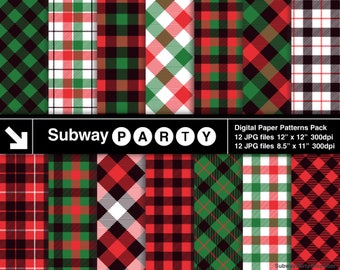 Christmas Tartan and Buffalo Check Plaid Seamless Patterns and Digital Papers 12”x12” & 8"x11" JPGs. Green Red Black White. CANVA Background