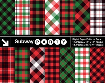 May include: A digital paper pack with 12 red, green, black, and white plaid patterns. The patterns are in a variety of sizes and styles. The pack includes 12 JPG files, each measuring 12 inches by 12 inches at 300 dpi, and 12 JPG files, each measuring 8.5 inches by 11 inches at 300 dpi. The text "Subway PARTY" is at the top of the image.