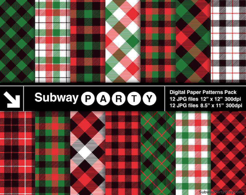 May include: A digital paper pack with 12 red, green, black, and white plaid patterns. The patterns are in a variety of sizes and styles. The pack includes 12 JPG files, each measuring 12 inches by 12 inches at 300 dpi, and 12 JPG files, each measuring 8.5 inches by 11 inches at 300 dpi. The text "Subway PARTY" is at the top of the image.