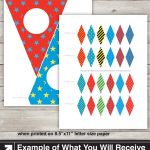 May include: Printable party bunting with 13 files, each measuring 8.5 inches by 11 inches, at 300 dpi. The bunting features a red, blue, and yellow color scheme with stars, polka dots, and stripes. The text "Subway PARTY" is included in the image.