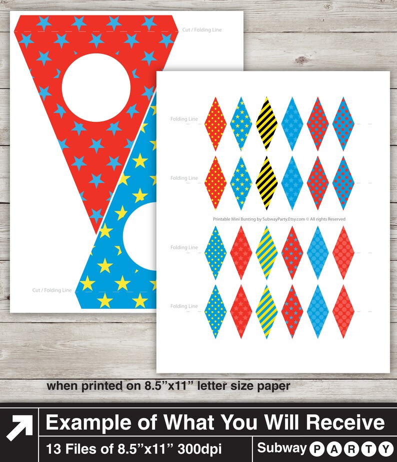 May include: Printable party bunting with 13 files, each measuring 8.5 inches by 11 inches, at 300 dpi. The bunting features a red, blue, and yellow color scheme with stars, polka dots, and stripes. The text "Subway PARTY" is included in the image.