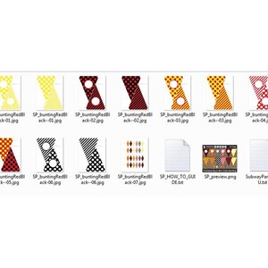 Op de afbeelding: Een set van printbare feestvlaggen in verschillende kleuren en patronen, waaronder rood, geel, zwart en wit. De vlaggen hebben stippen, strepen en geometrische ontwerpen. De bestandsnamen omvatten "SP_buntingRedBI" en "ack-01.jpg".