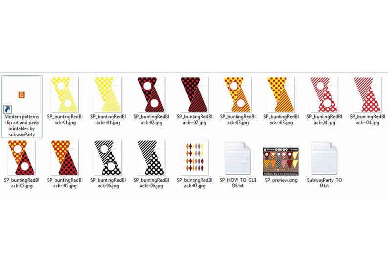 Op de afbeelding: Een set van printbare feestvlaggen in verschillende kleuren en patronen, waaronder rood, geel, zwart en wit. De vlaggen hebben stippen, strepen en geometrische ontwerpen. De bestandsnamen omvatten "SP_buntingRedBI" en "ack-01.jpg".