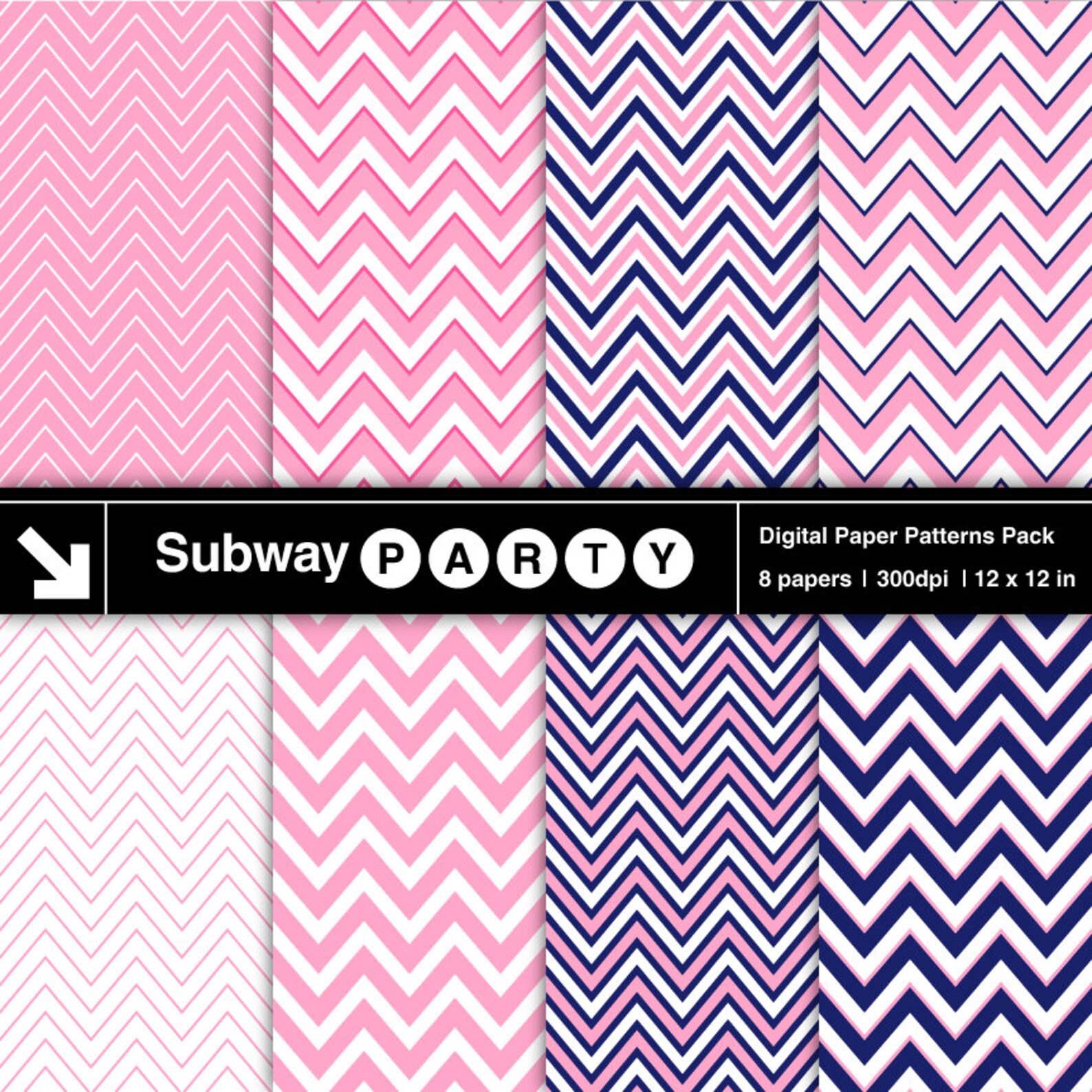 Navy Blue and Pink Chevron Pattern Digital Papers Pack. Scrapbook ...