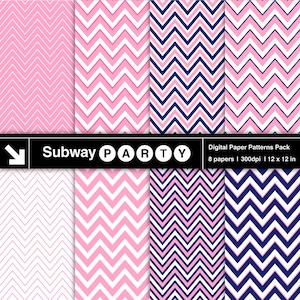May include: A digital paper patterns pack featuring eight unique designs. The patterns include pink and white, and navy and white chevron patterns. The pack includes 12 x 12 inch papers, perfect for various crafting projects.