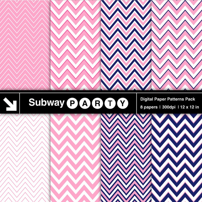 May include: A digital paper patterns pack featuring eight unique designs. The patterns include pink and white, and navy and white chevron patterns. The pack includes 12 x 12 inch papers, perfect for various crafting projects.