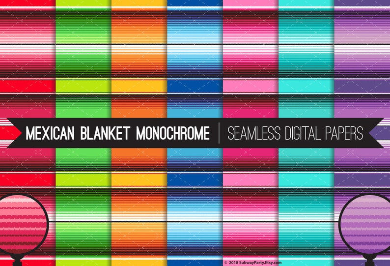 May include: Set of 10 digital papers featuring a seamless pattern of colorful Mexican blanket stripes. The papers are in monochrome color schemes, including red, green, yellow, blue, pink, turquoise, and purple.