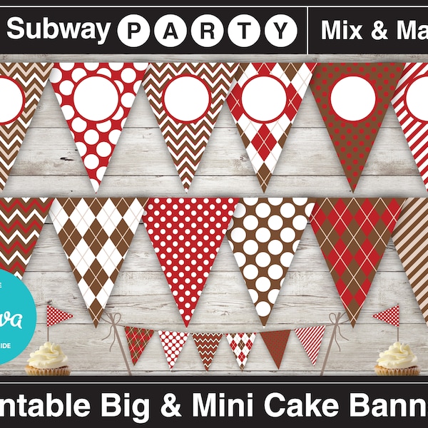 Printable Sock Monkey Birthday Party Banner & Mini Cake Bunting. Brown Red Argyle Chevron Dots. DIY Editable Blank Banner. INSTANT DOWNLOAD