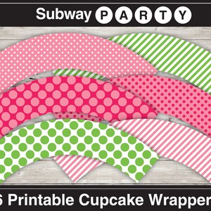 May include: Six printable cupcake wrappers with different patterns. The patterns include pink and white polka dots, green and white polka dots, pink and white stripes, and green and white stripes. The wrappers are labeled "Subway Party".