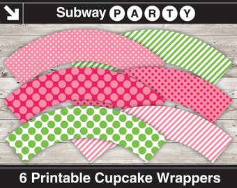 Strawberry Girl Party Cupcake Wrappers Printable DIY Cupcake Liners. Pink & Green Polka Dots, Stripes. 8x11 jpg. INSTANT DOWNLOAD