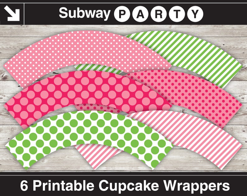 May include: Six printable cupcake wrappers with different patterns. The patterns include pink and white polka dots, green and white polka dots, pink and white stripes, and green and white stripes. The wrappers are labeled "Subway Party".