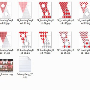 May include: A set of printable party bunting flags with red and gray geometric patterns. The flags feature a variety of designs, including stripes, polka dots, and diamonds. The text "SP_buntingGrayR ed-01.jpg" is visible on one of the flags.