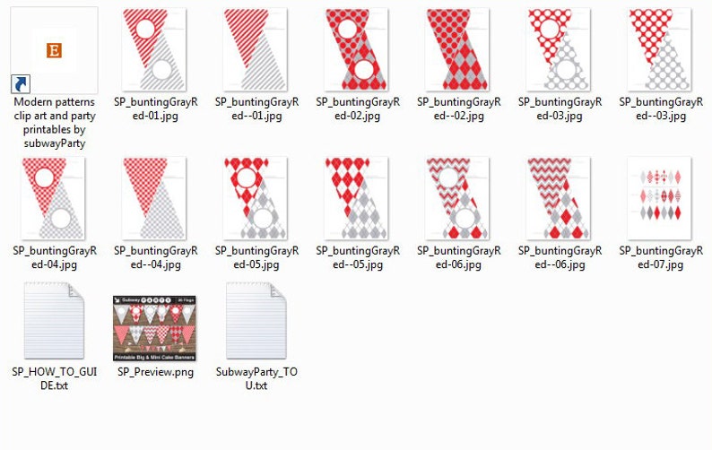 May include: A set of printable party bunting flags with red and gray geometric patterns. The flags feature a variety of designs, including stripes, polka dots, and diamonds. The text "SP_buntingGrayR ed-01.jpg" is visible on one of the flags.