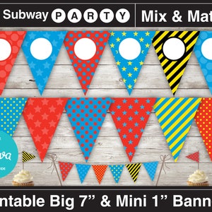 May include: Printable subway party banner set with red, blue, and yellow triangle flags. The flags have different patterns, including polka dots, stars, and stripes. The banner is editable with Canva and includes a how-to guide. The banner is available in two sizes: 7 inches and 1 inch.