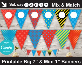Train or Superhero Birthday Party Printable Banner and Mini Cake Bunting. Blue, Red, Yellow. DIY Editable Banner Blank. INSTANT DOWNLOAD.
