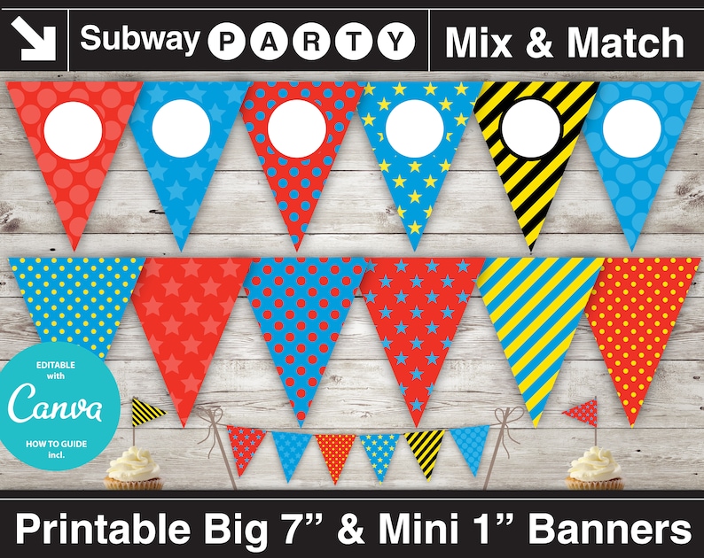 May include: Printable subway party banner set with red, blue, and yellow triangle flags. The flags have different patterns, including polka dots, stars, and stripes. The banner is editable with Canva and includes a how-to guide. The banner is available in two sizes: 7 inches and 1 inch.