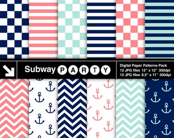 Nautical Navy, Aqua, Coral Chevron, Anchors, Checks & Stripes Digital Papers. Scrapbook / Invites DIY 8.5x11 / 12x12 jpg INSTANT DOWNLOAD