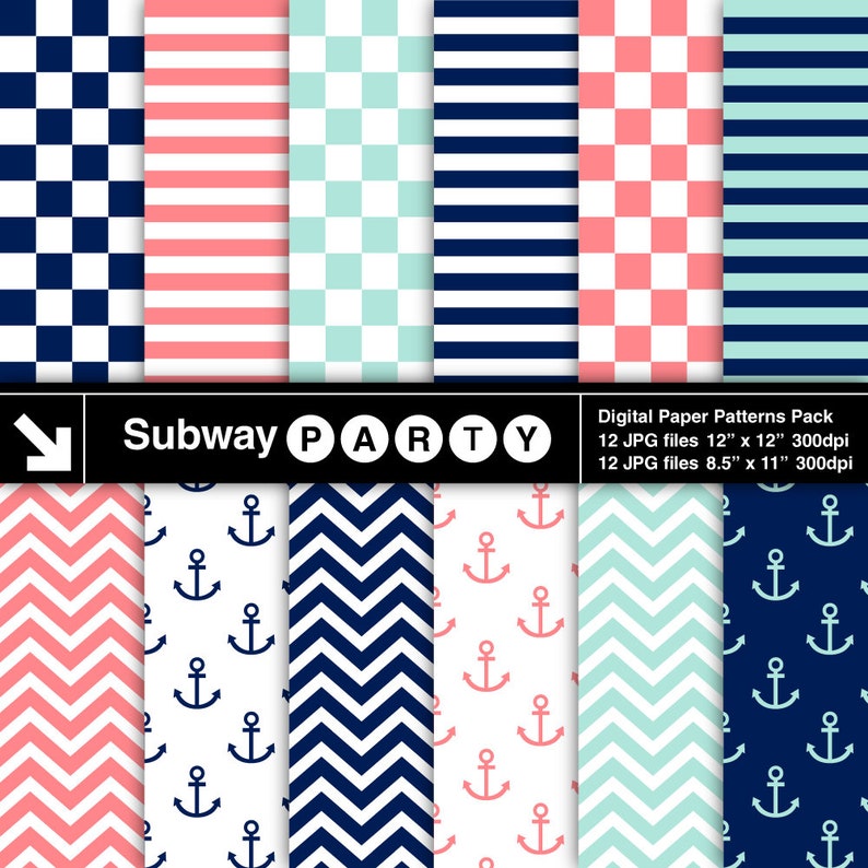 May include: A digital paper patterns pack featuring various nautical designs. The patterns include navy blue and white checkered, striped, and chevron patterns, along with anchor motifs in red and navy. The text "Subway PARTY" is also present.