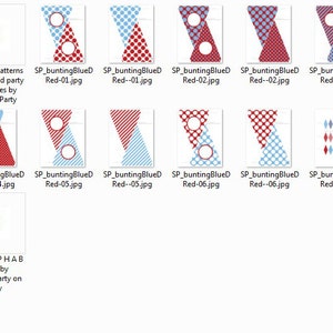 May include: Printable red and blue bunting flags with polka dot, striped, and solid patterns. The flags are designed for a party or celebration. The image also includes a preview of the printable bunting flags.