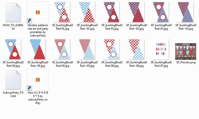 May include: Printable red and blue bunting flags with polka dot, striped, and solid patterns. The flags are designed for a party or celebration. The image also includes a preview of the printable bunting flags.