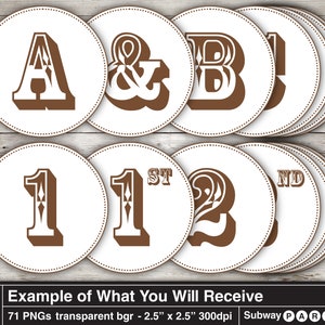 Printable Brown Alphabet Letters &amp; Numbers in 2.5 Circles. Characters ...
