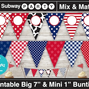 May include: Printable bunting flags in various red, white, and blue patterns, including gingham, polka dots, and stars. The flags are in two sizes, 7 inches and 1 inch, and are labeled "Printable Big 7" and "Mini 1" Bunting.