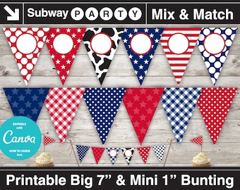 Printable American Cowboy Party Banner & Mini Cake Bunting. Red White Blue Black Cow Print. DIY Editable Banner Blank. Jpg INSTANT DOWNLOAD