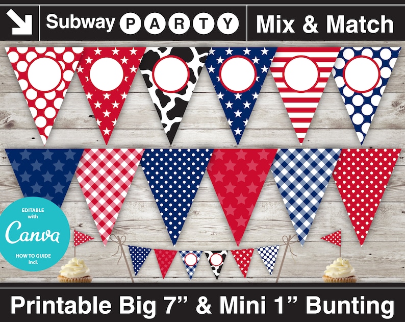 May include: Printable bunting flags in various red, white, and blue patterns, including gingham, polka dots, and stars. The flags are in two sizes, 7 inches and 1 inch, and are labeled "Printable Big 7" and "Mini 1" Bunting.