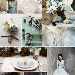 Pode incluir: Uma colagem de imagens com tema de casamento de inverno. Inclui uma lanterna, etiquetas de presente, um buqu&ecirc;, uma boutonniere, presentes embrulhados com pinhas, uma mesa, um bolo e uma noiva em um vestido azul. O texto "BLUE WINTER WEDDING" &eacute; vis&iacute;vel.