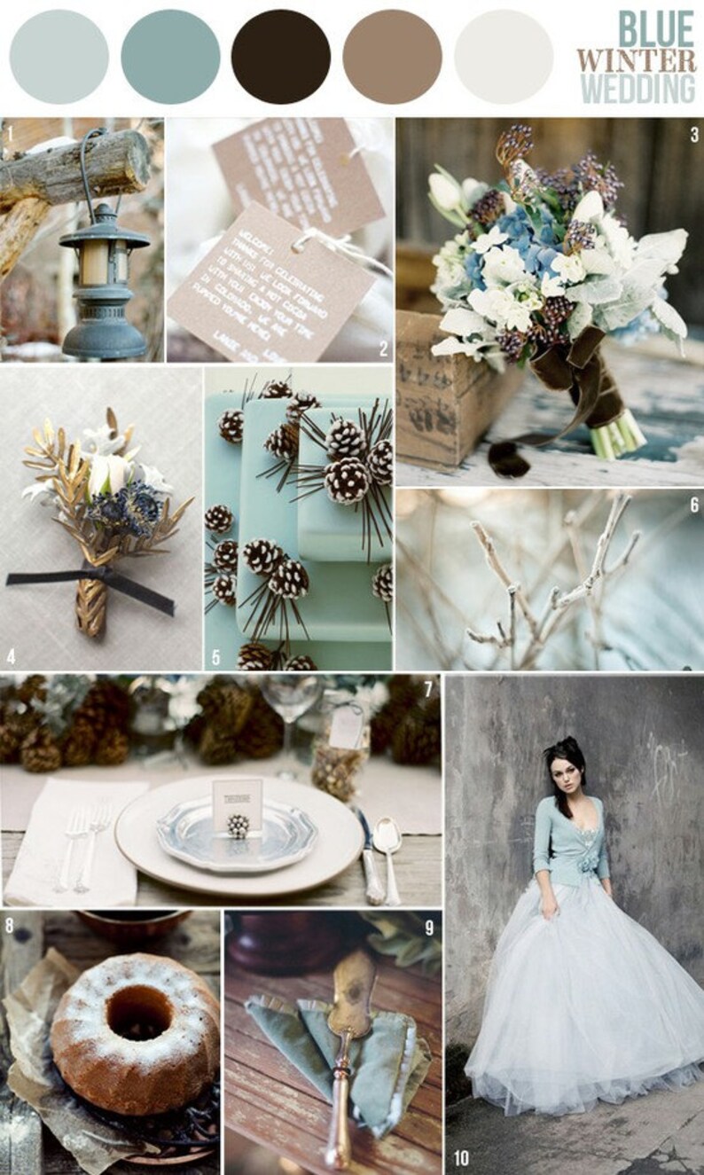 Pode incluir: Uma colagem de imagens com tema de casamento de inverno. Inclui uma lanterna, etiquetas de presente, um buqu&ecirc;, uma boutonniere, presentes embrulhados com pinhas, uma mesa, um bolo e uma noiva em um vestido azul. O texto "BLUE WINTER WEDDING" &eacute; vis&iacute;vel.