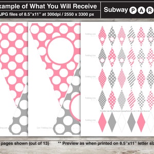 Puede incluir: Bandera de fiesta imprimible con 13 p&aacute;ginas de banderines rosas y grises con lunares, rayas y patrones de chevron. La bandera est&aacute; dise&ntilde;ada para una fiesta de Subway.