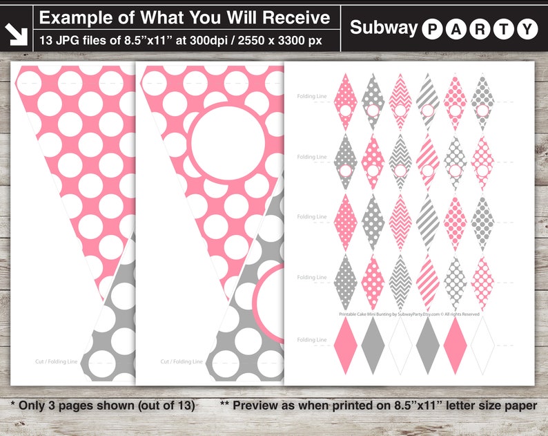 Puede incluir: Bandera de fiesta imprimible con 13 p&aacute;ginas de banderines rosas y grises con lunares, rayas y patrones de chevron. La bandera est&aacute; dise&ntilde;ada para una fiesta de Subway.